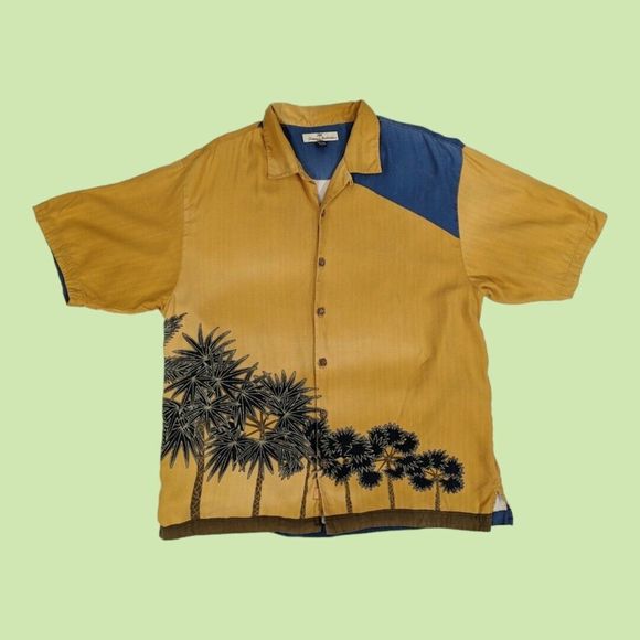 Tommy Bahama Yellow Blue Colorblock Palm Tree  Silk Short Sleeve Camp‎ Shirt L - Picture 1 of 7